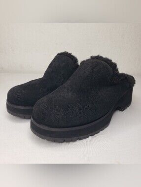 UGG Black Suede Shearling Clog Mules